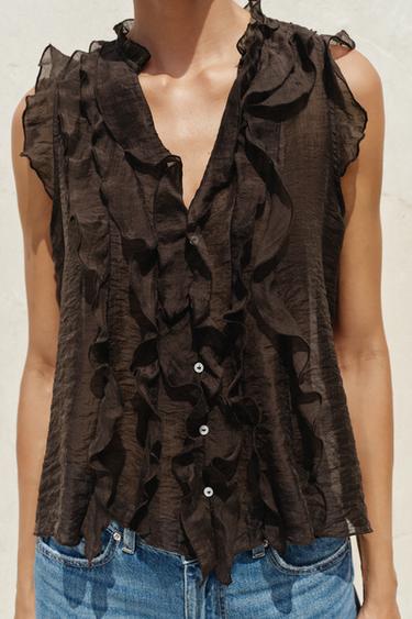TOP SEMI-TRANSPARENT VOLANTS - Marron de Zara - Image 2