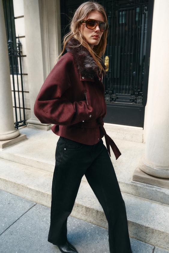 BLOUSON CEINTURE COL EFFET FOURRURE - Aubergine de Zara - Image 4