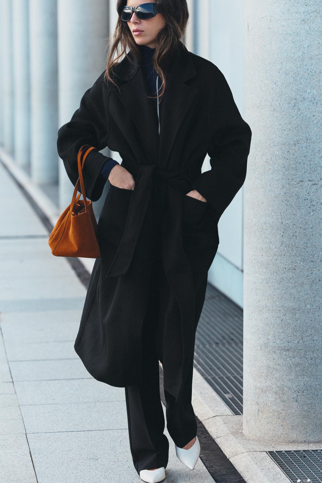 WOOL BELTED COAT — Black