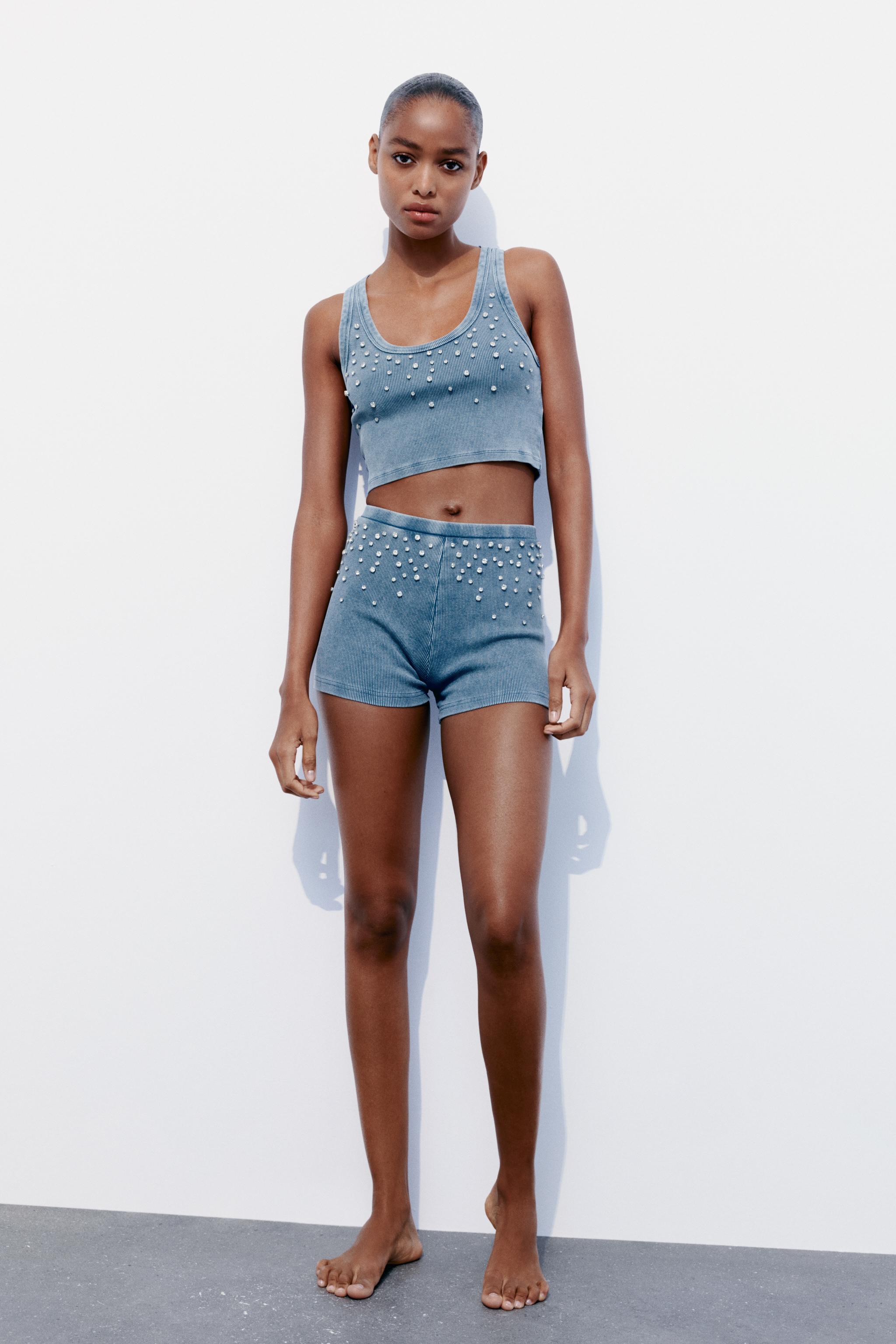 WASHED RIB JEWEL CROP TOP - Blue