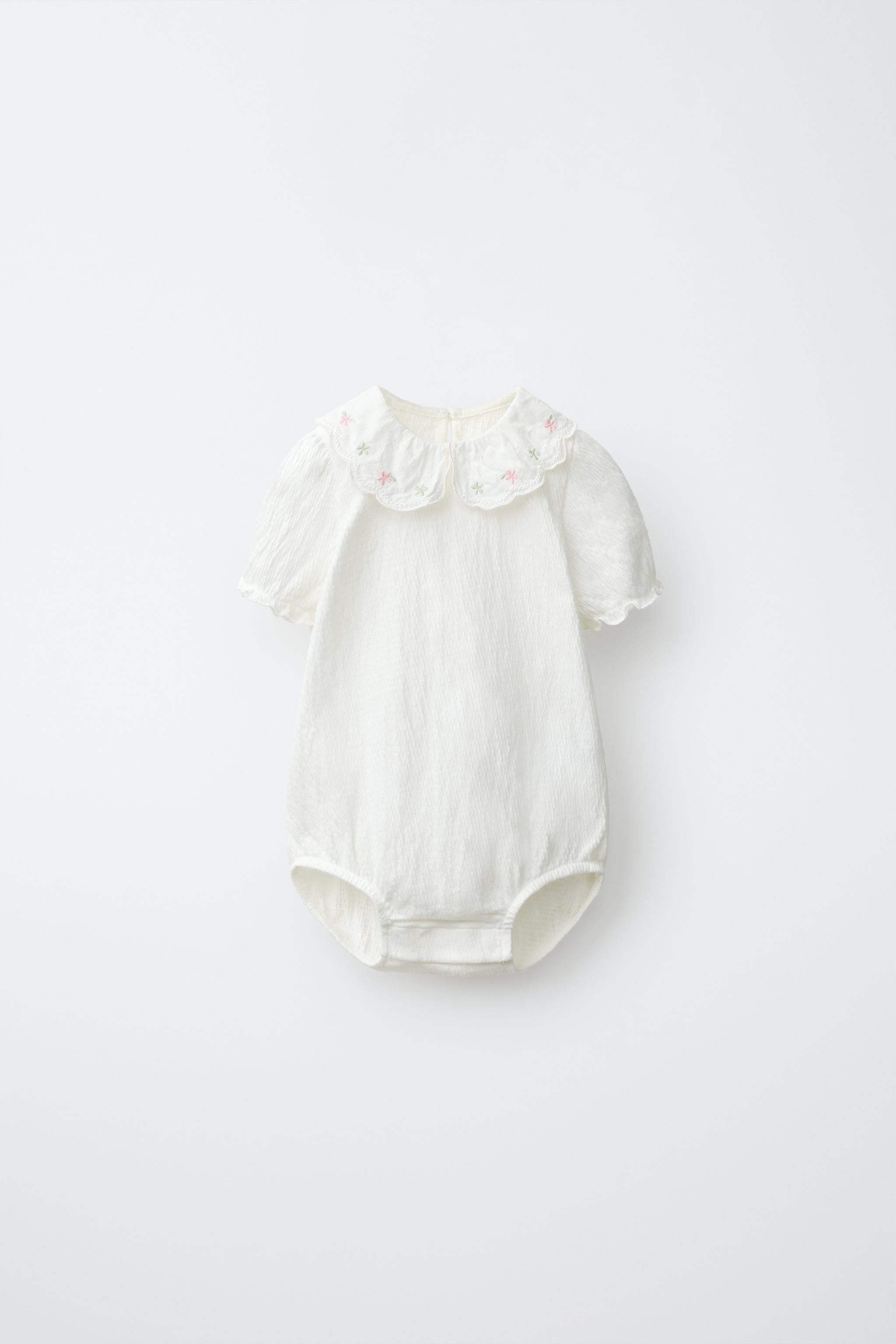 EMBROIDERED FLORAL COLLAR TEXTURED BODYSUIT — White