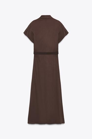Zara BELTED DRAPED NECK MIDI DRESS - Brown