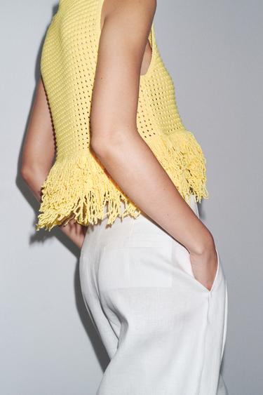 CHECK KNIT TOP WITH FRINGING - Yellow by Zara - Image 4