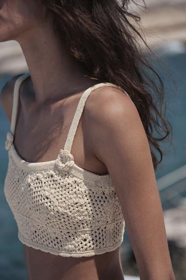 POINTELLE KNIT FLOWER TOP - Light beige by Zara
