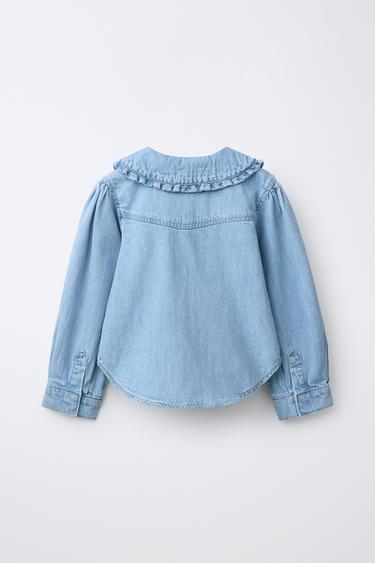 CHEMISE EN DENIM À COL CLAUDINE ET FLEURS BRODÉES - Bleu de Zara - Image 1