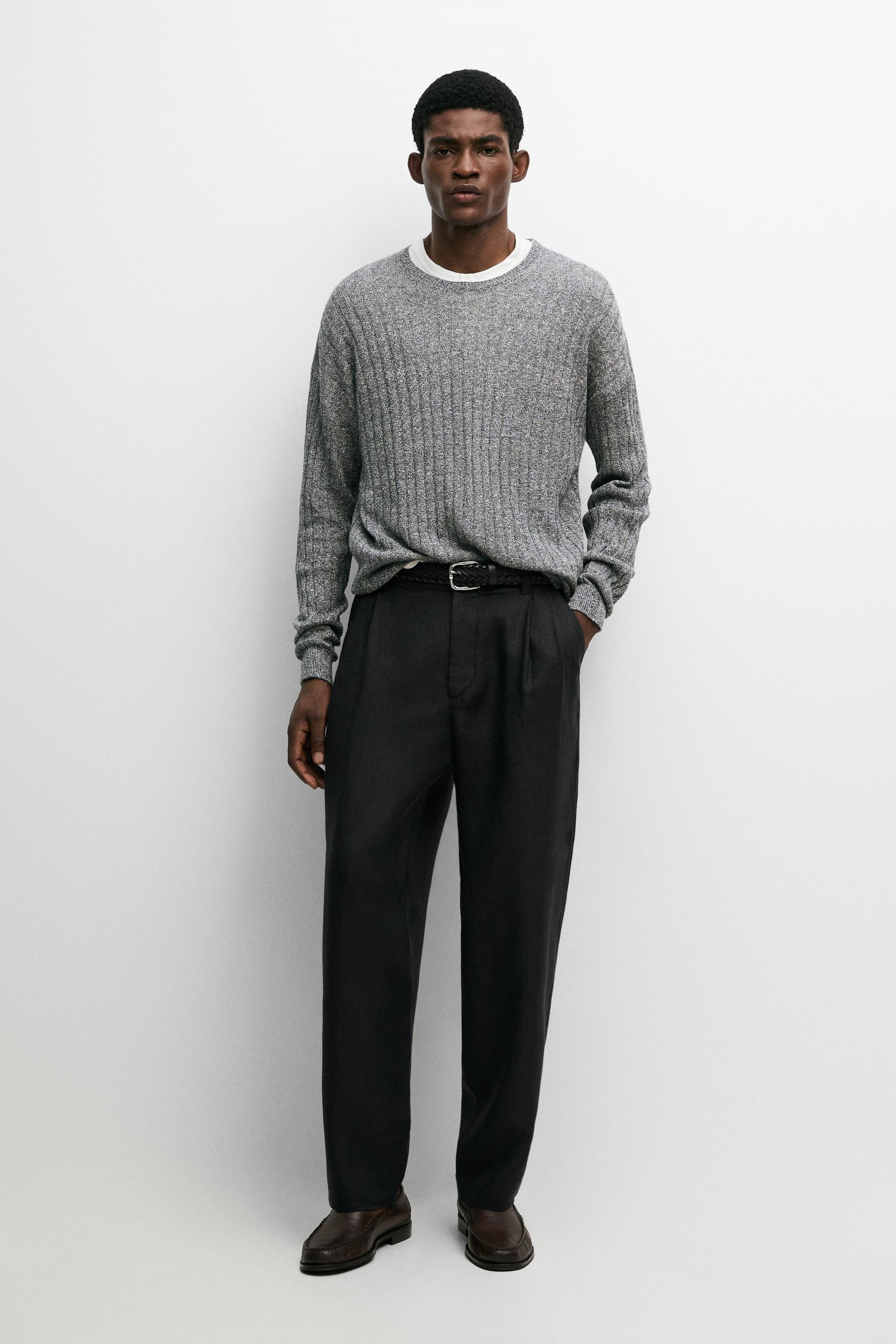 Linen cotton mouliné knit sweater — Navy blue