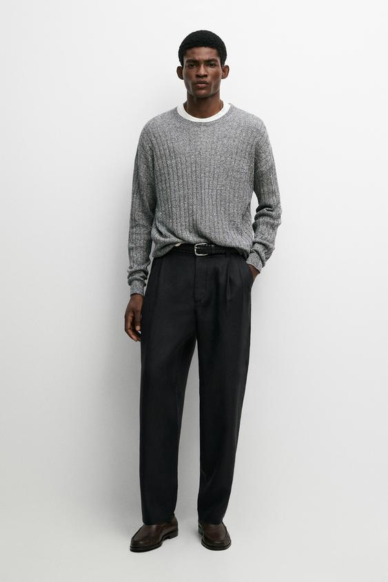 Zara Linen cotton mouliné knit sweater - Navy blue - Image 0
