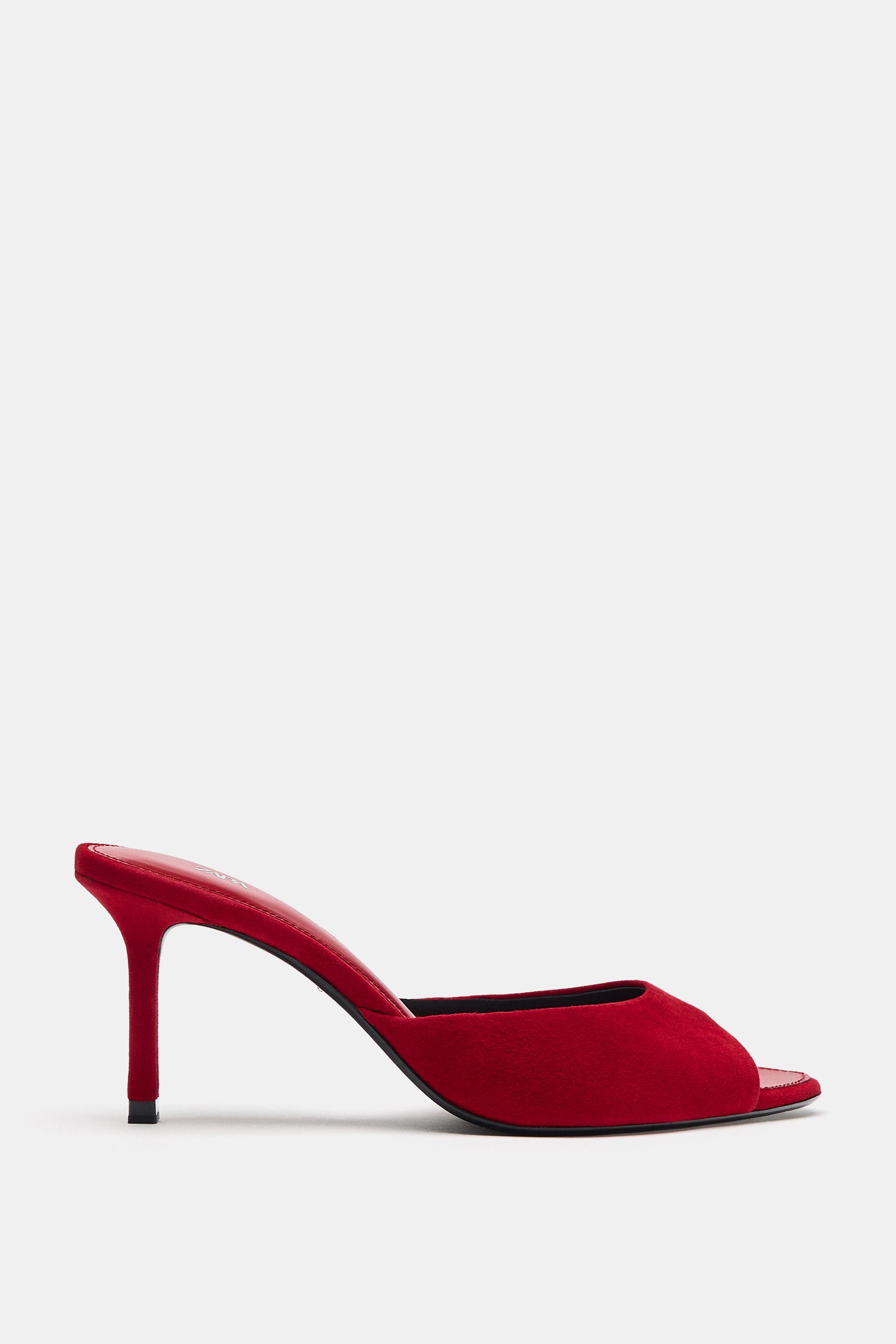 SUEDE HEELED MULES — Red