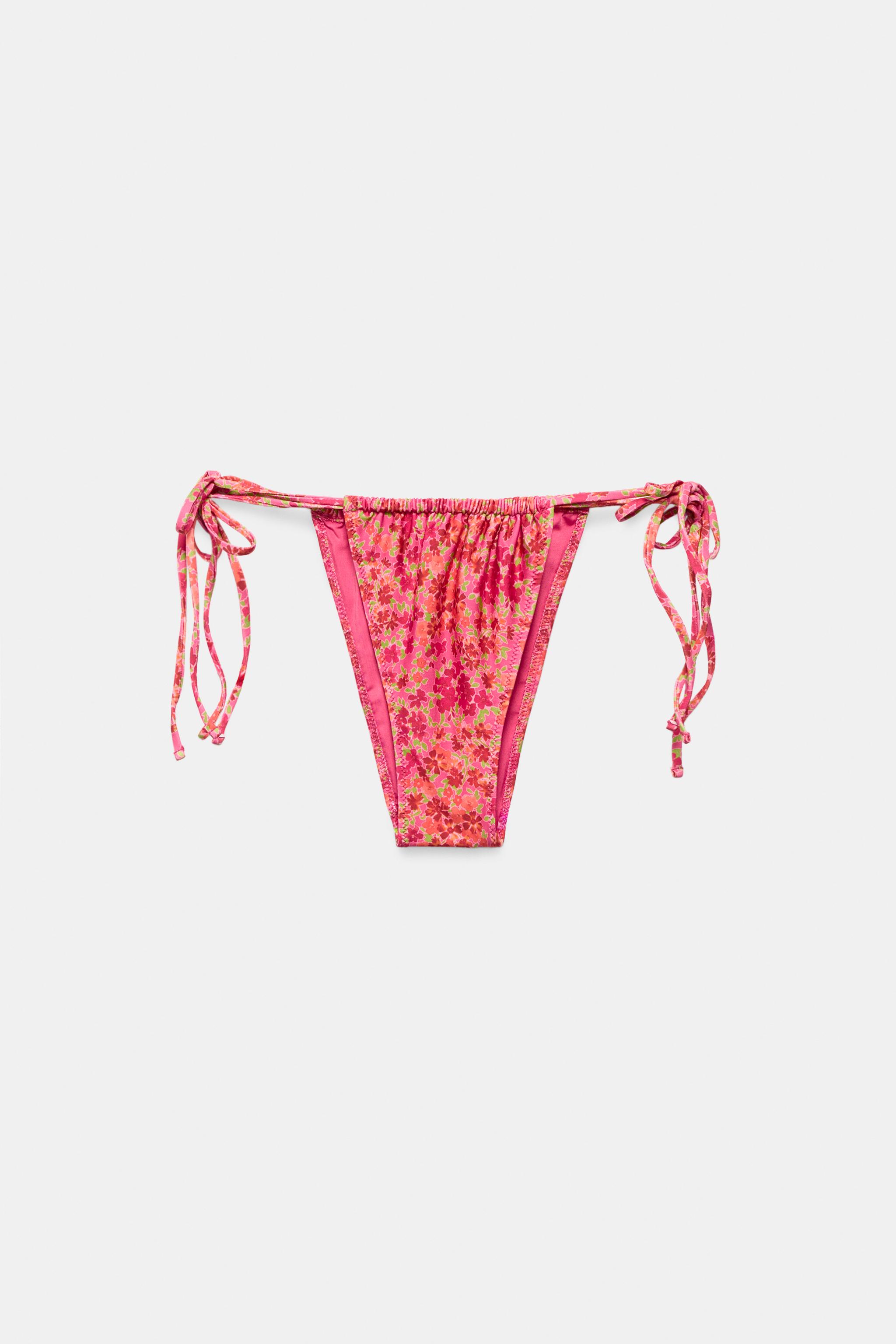 FLORAL PRINT TIE-SIDE BIKINI BOTTOMS — Pink