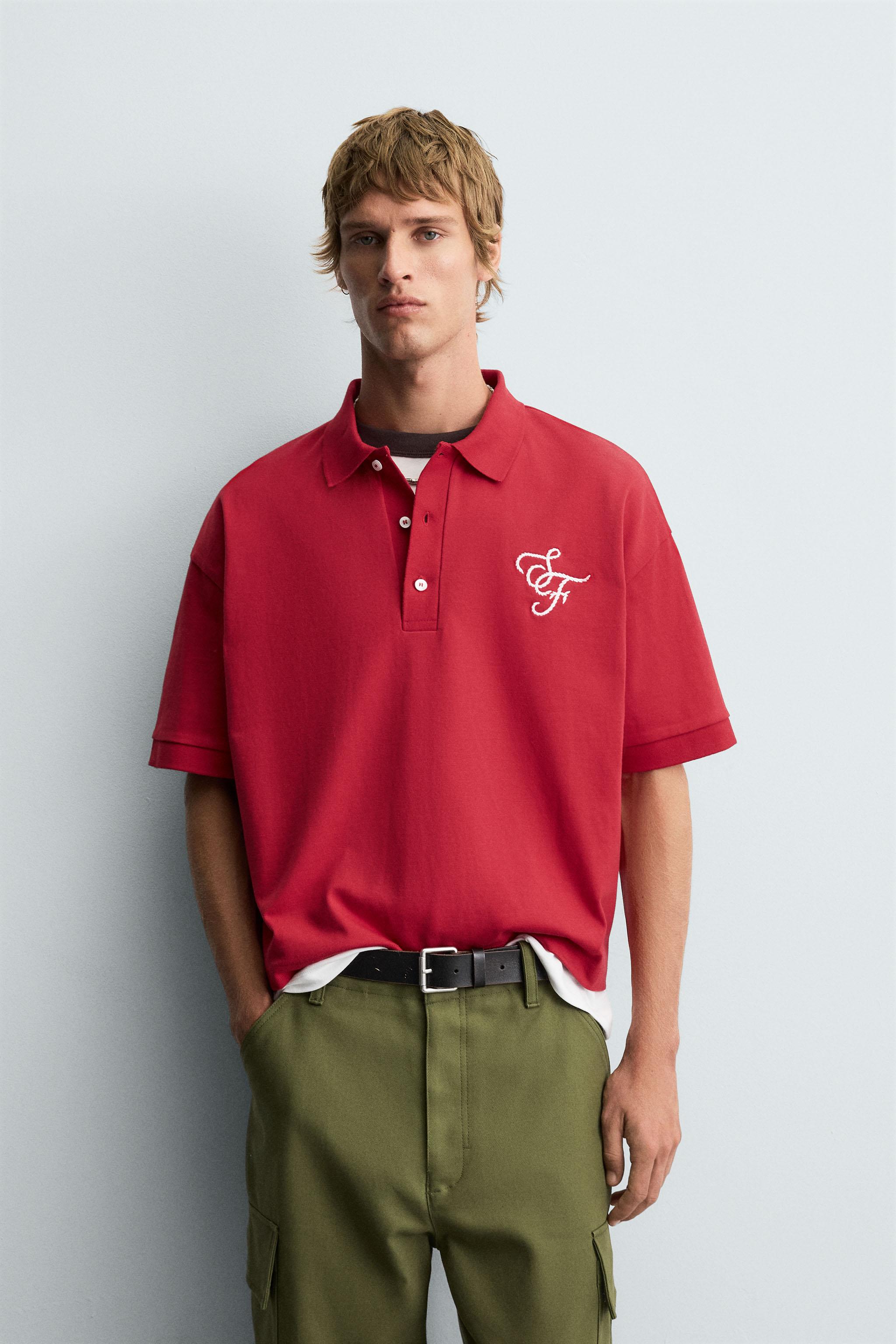 EMBROIDERED TEXT POLO SHIRT - Red | ZARA Canada
