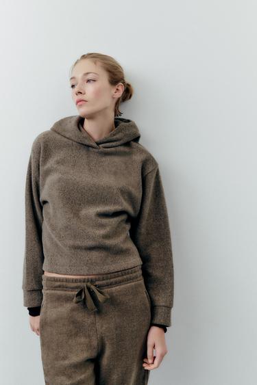 Zara PLUSH SOFT PRINT HOODED SWEATSHIRT - Khaki