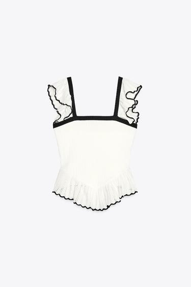 Zara CONTRAST RUFFLE TOP - Black / White