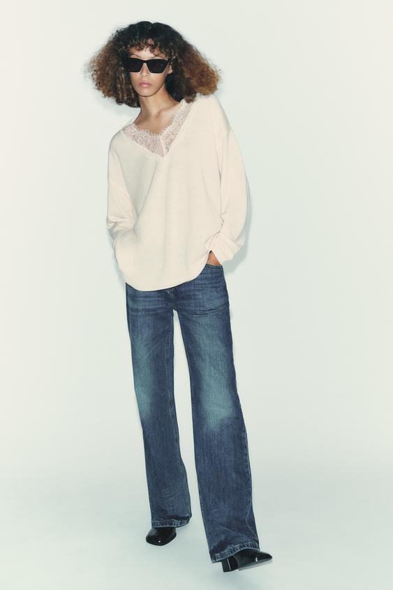 WOOL BLEND LACE KNIT SWEATER