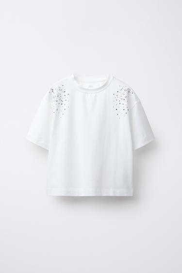 CAMISETA BOXY FIT STRASS - Blanco de Zara - Imagen 0
