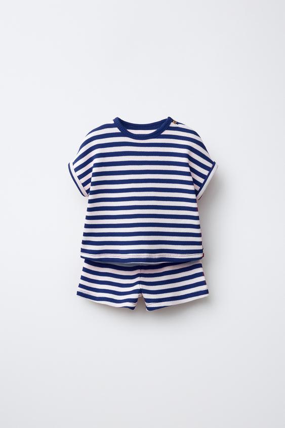 CONJUNTO WAFFLE CAMISETA Y BERMUDA RAYAS - Azul tinta de Zara - Imagen 0