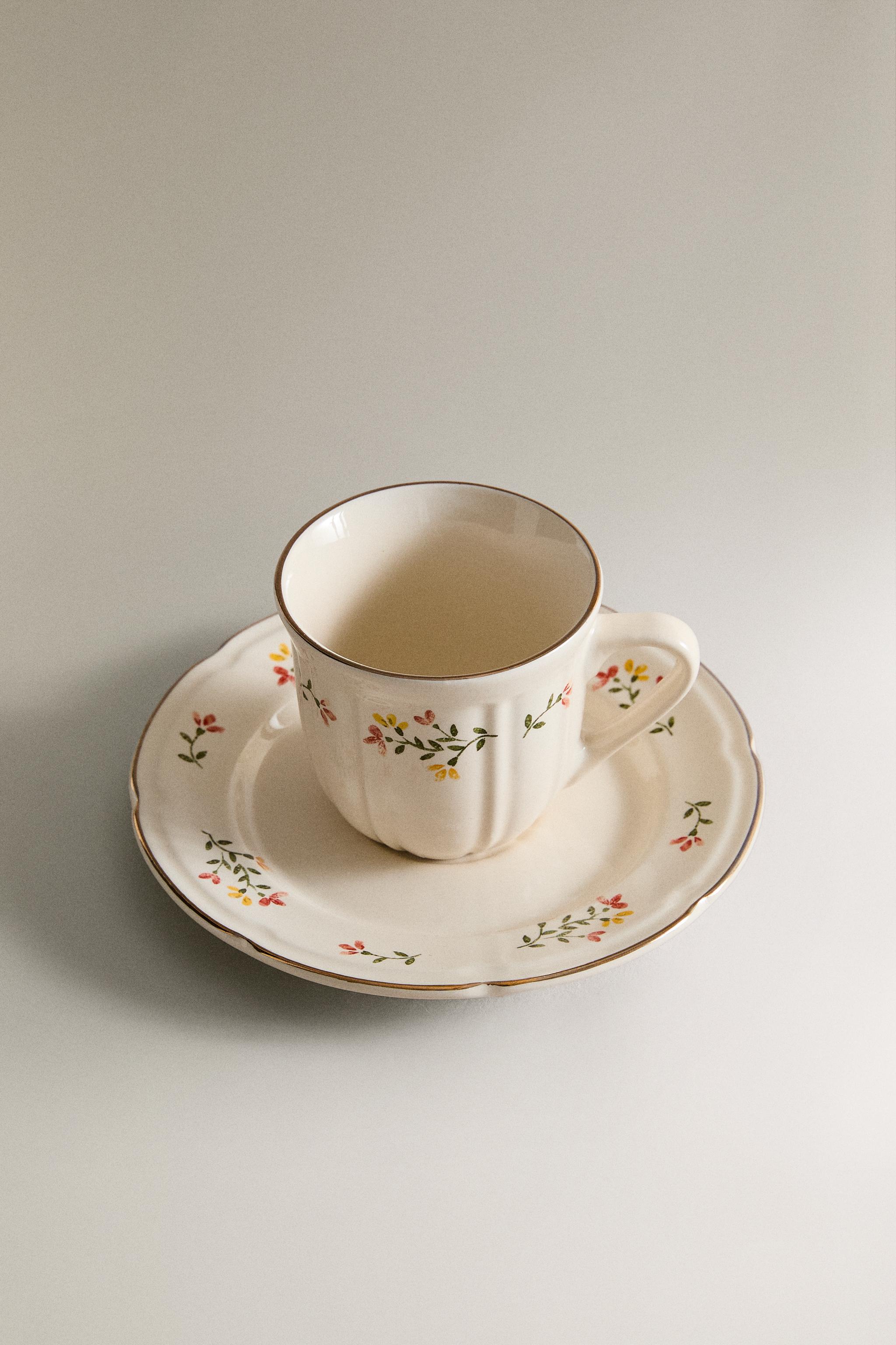 FLORAL PORCELAIN COFFEE CUP AND SAUCER — Cream
