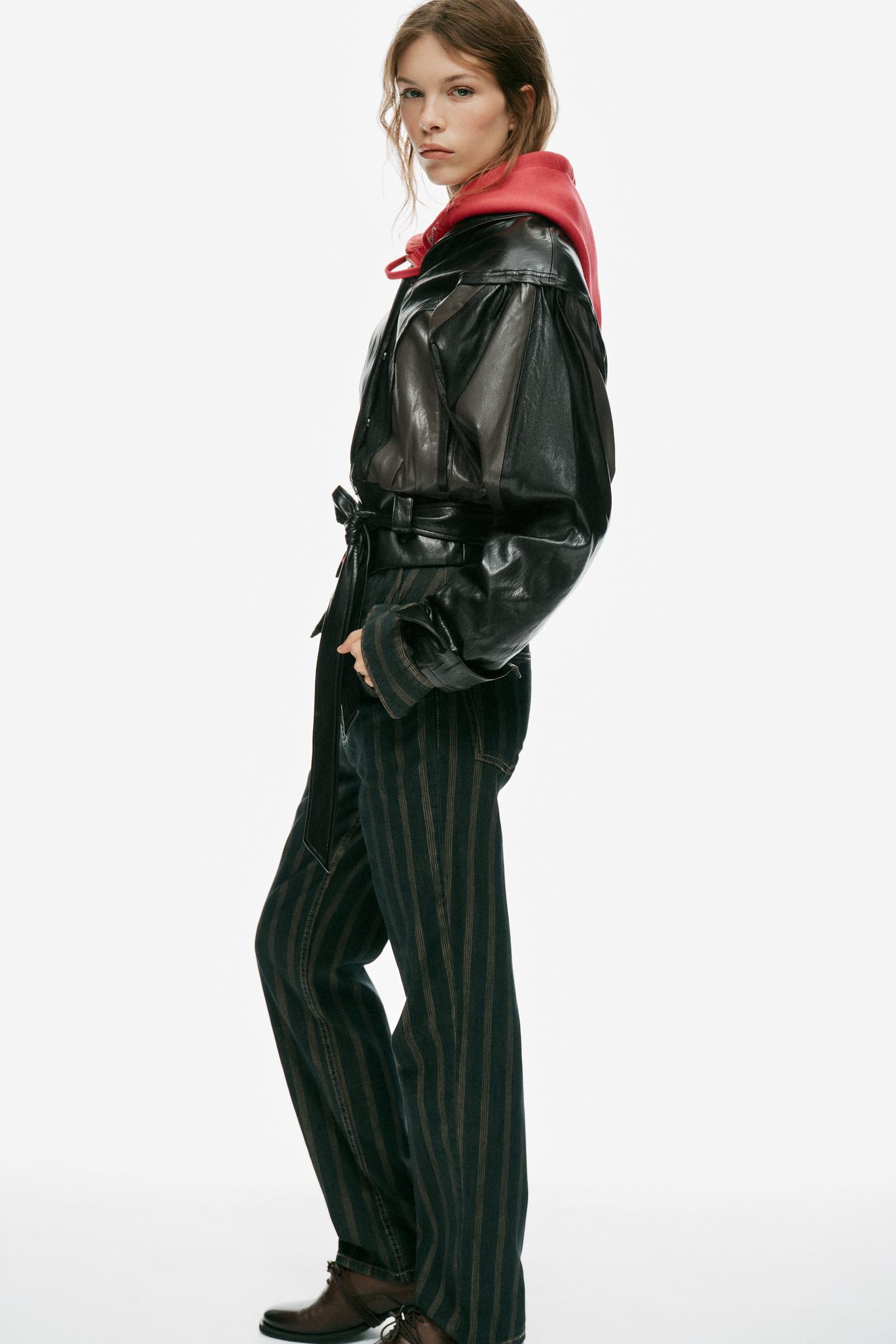Женская куртка Zara Faux Leather Jacket with Belt, цвет: Чёрный / Коричневый — фото 4
