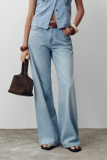 JEANS Z.04 STRAIGHT بسرج عالٍ FULL LENGTH - أزرق وسط الخاص بـ Zara
