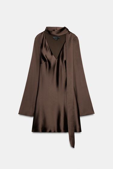 VESTIDO SATINADO FOULARD - Chocolate de Zara