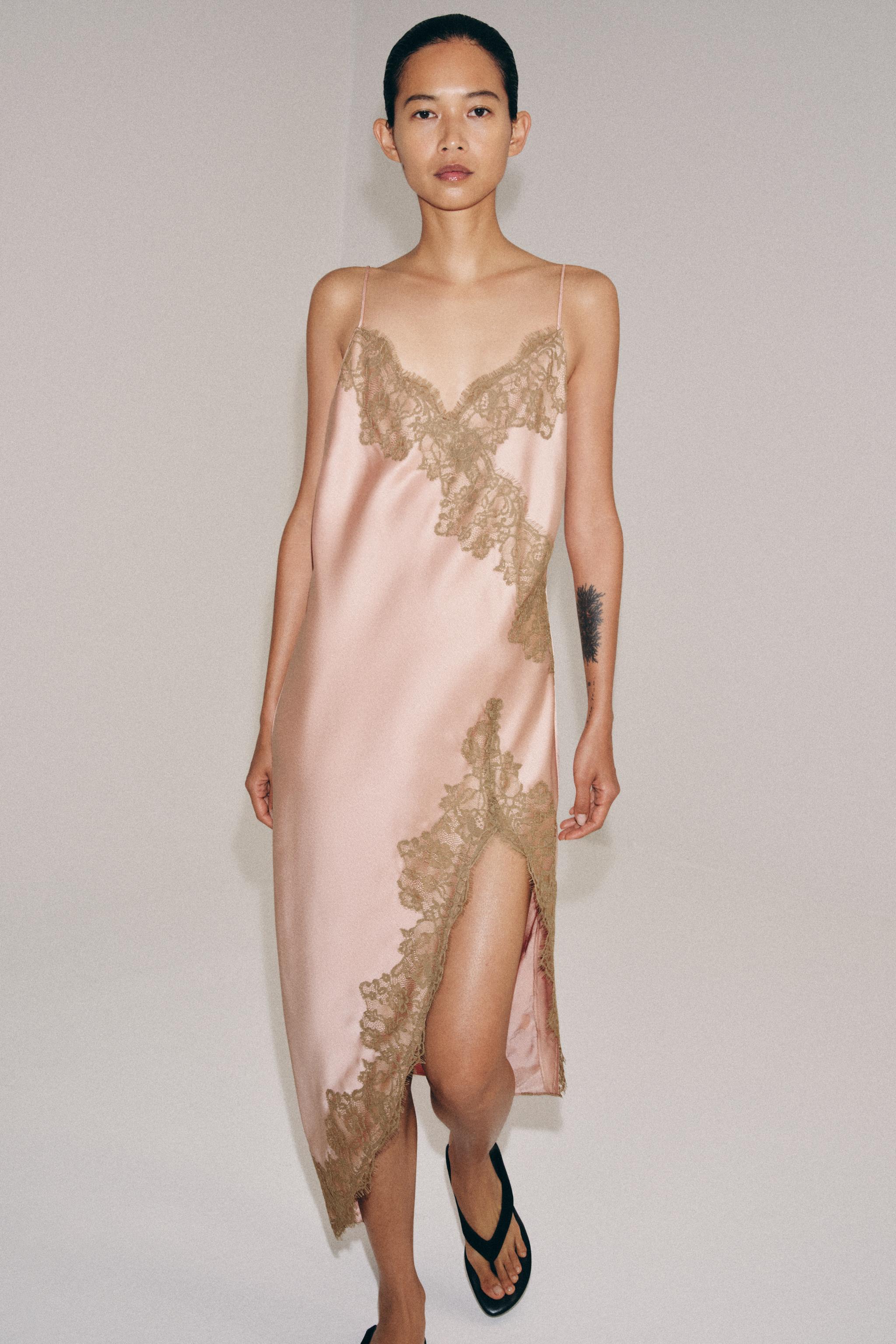 ZW COLLECTION SATIN LACE DRESS - Dusty pink | ZARA United States ZW COLLECTION SATIN LACE DRESS - Dusty pink | ZARA United States