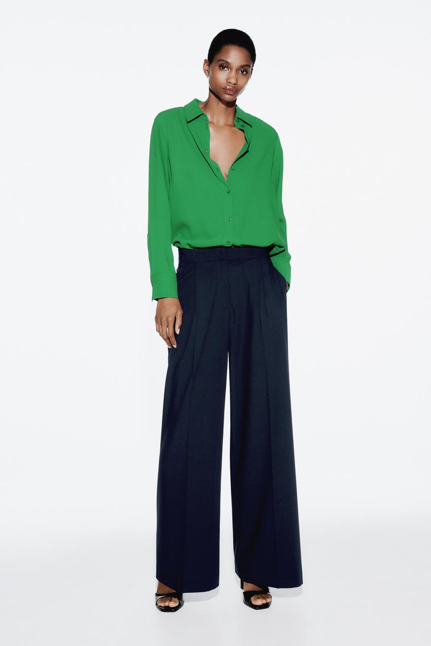 DARTED WIDE-LEG TROUSERS - Navy blue