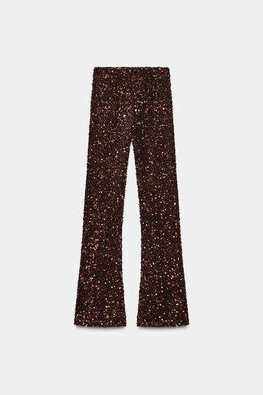 Zara FLARE VELVET SEQUIN LEGGINGS - Brown