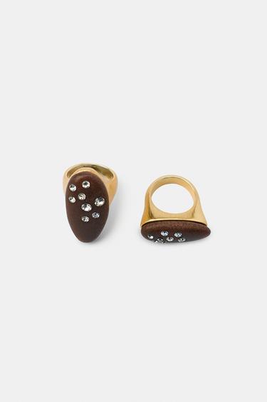 PACK OF 2 OVAL WOOD-EFFECT GLITTER RINGS - Golden by Zara - Image 4