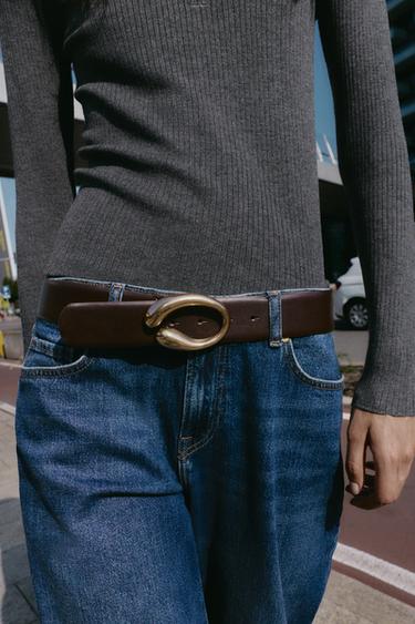 LEATHER BELT WITH OVAL BUCKLE - Brown by Zara - Image 0