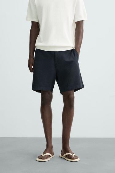 Zara COTTON LINEN BLEND SHORTS - Navy blue