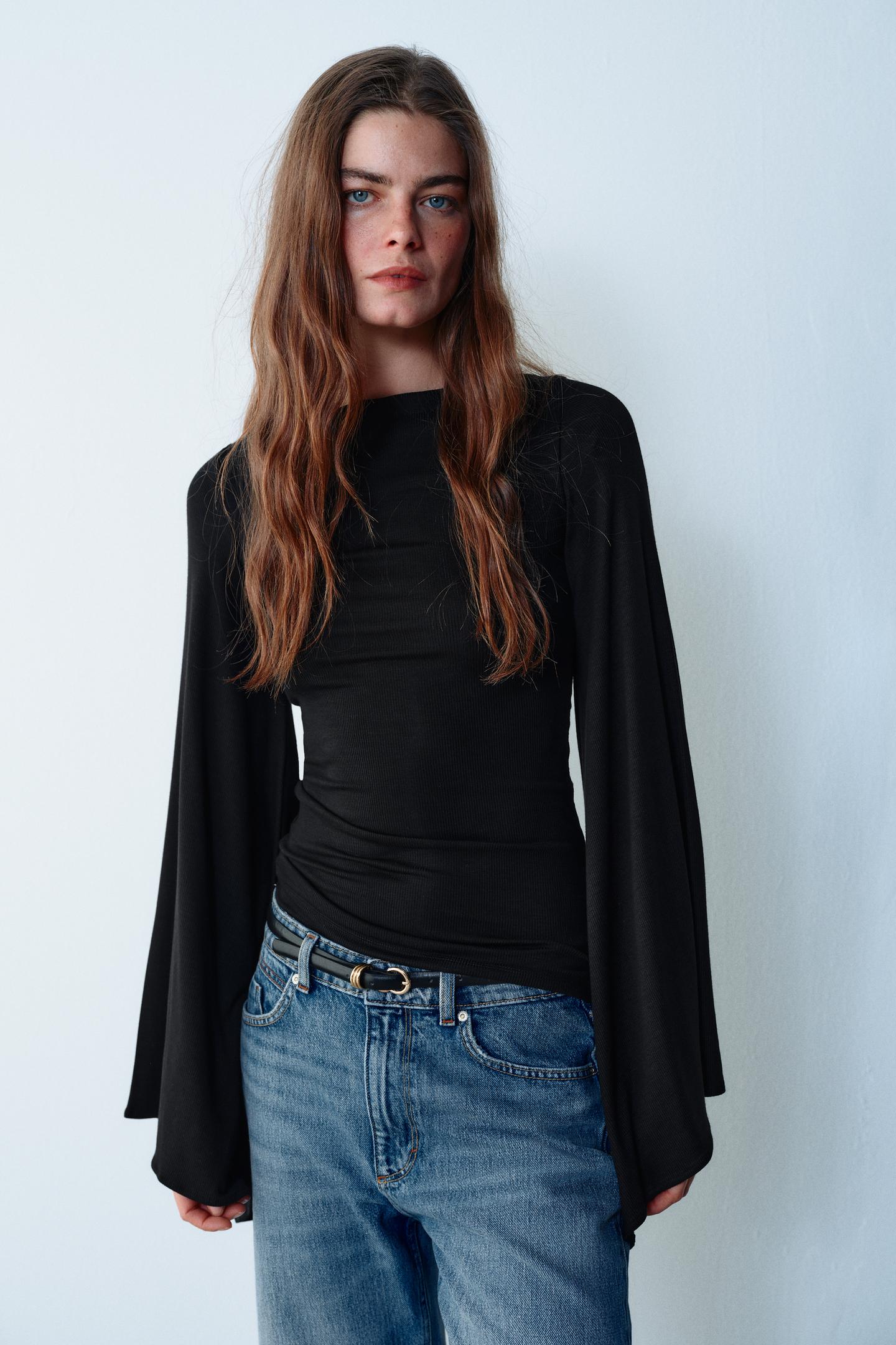 Женская футболка Zara Cape Sleeve, цвет: Чёрный — фото 2