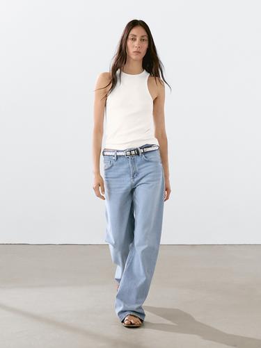 Top à encolure américaine en coton mélangé - Blanc cassé de Zara