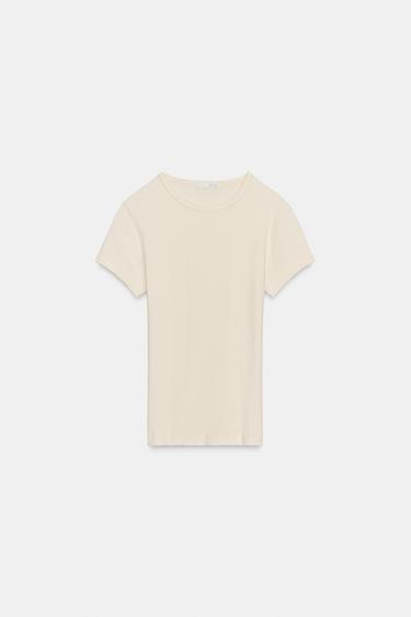 ФУТБОЛКА В РУБЧИК С КОРОТКИМИ РУКАВАМИ — ЭКРЮ от Zara