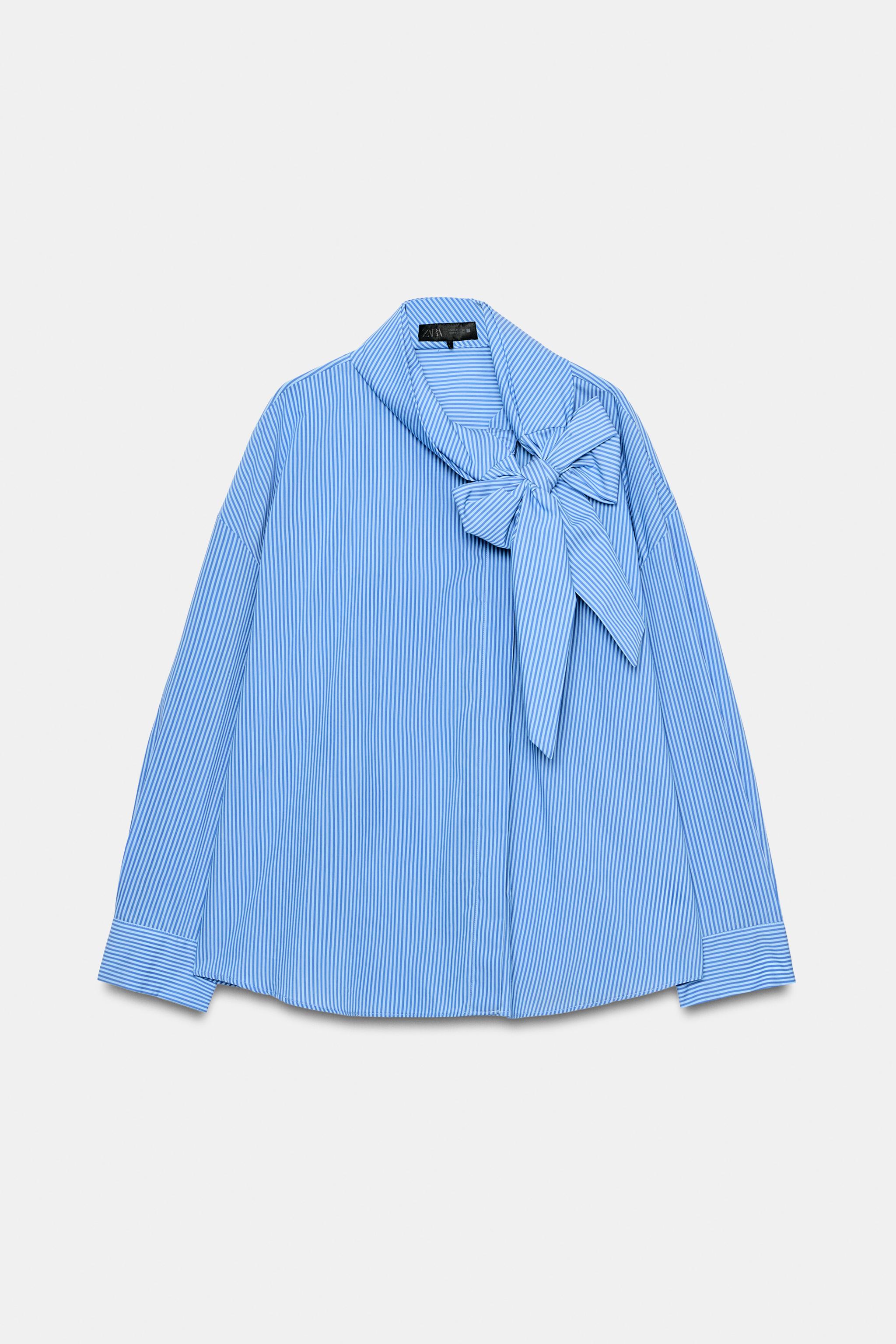 STRIPED TIE-NECK SHIRT — Blue