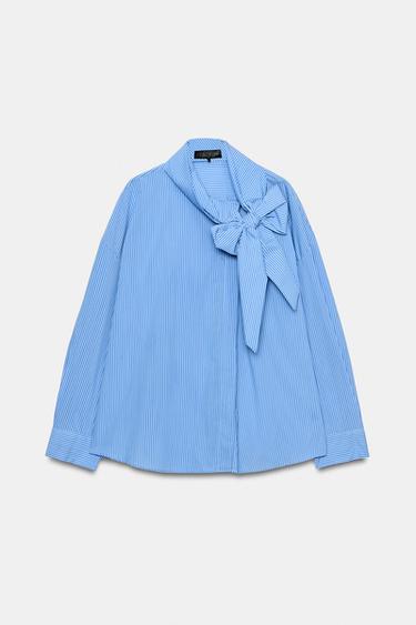 STRIBET SKJORTE MED BINDEBÅND - blå fra Zara