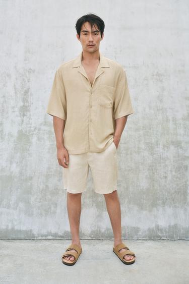 Zara OVERSIZE FIT 加大碼亞麻-人造絲襯衫 - 淺米色
