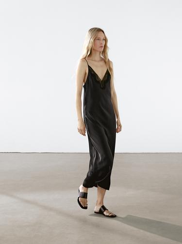 Zara Long Satin Slip Dress - Black