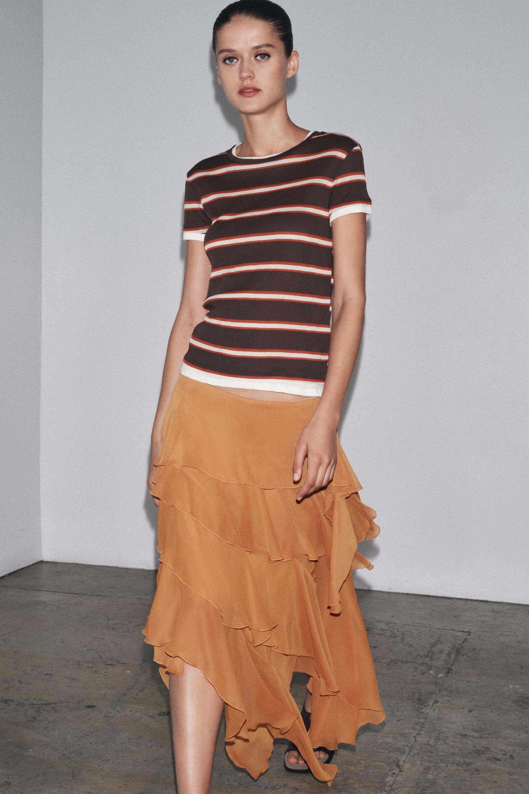 ★ドイツ発*ZARA*新作*STRIPED Tシャツ/BROWN★ TEXTURED STRIPED T-SHIRT - Orange | ZARA United States