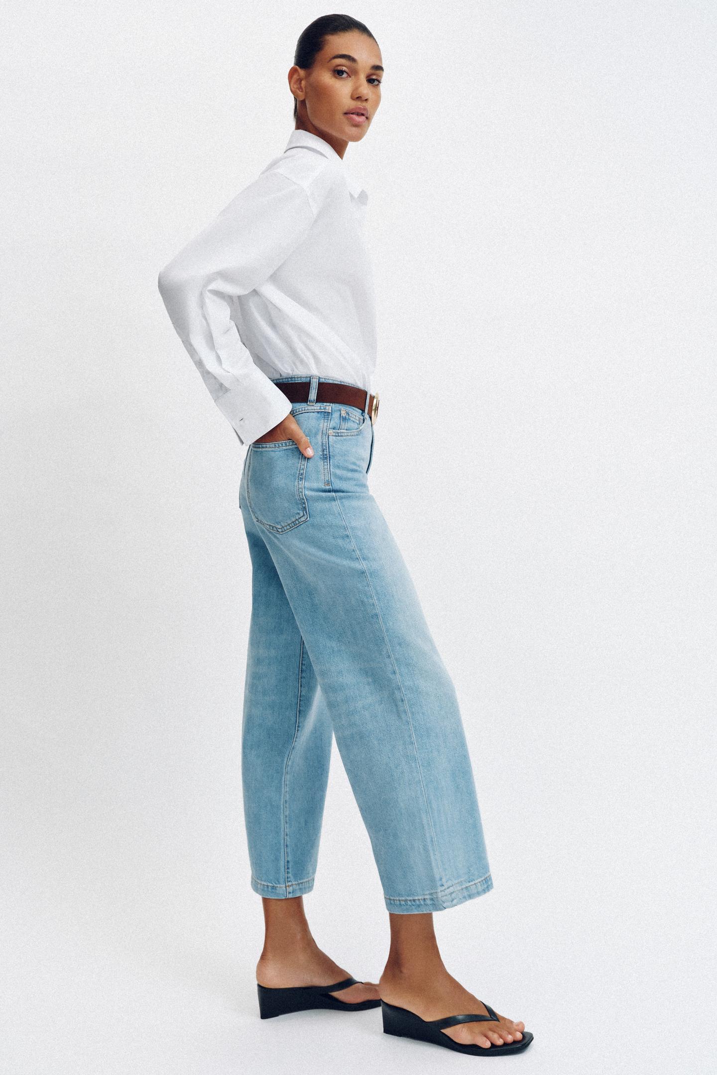 Женские джинсы Zara High-Waisted Wide Leg Cropped Belted, цвет: Светлый синий — фото 4