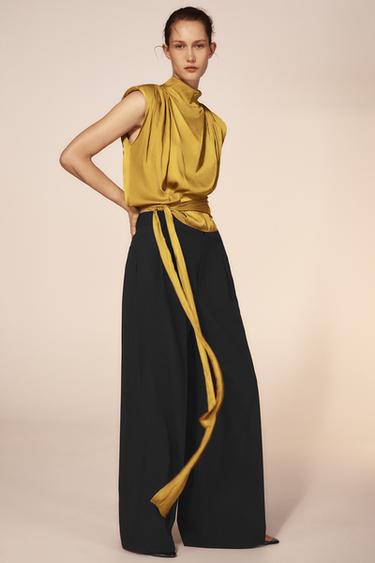 BLUSA ACETINADA COM LAÇO - Mostarda da Zara