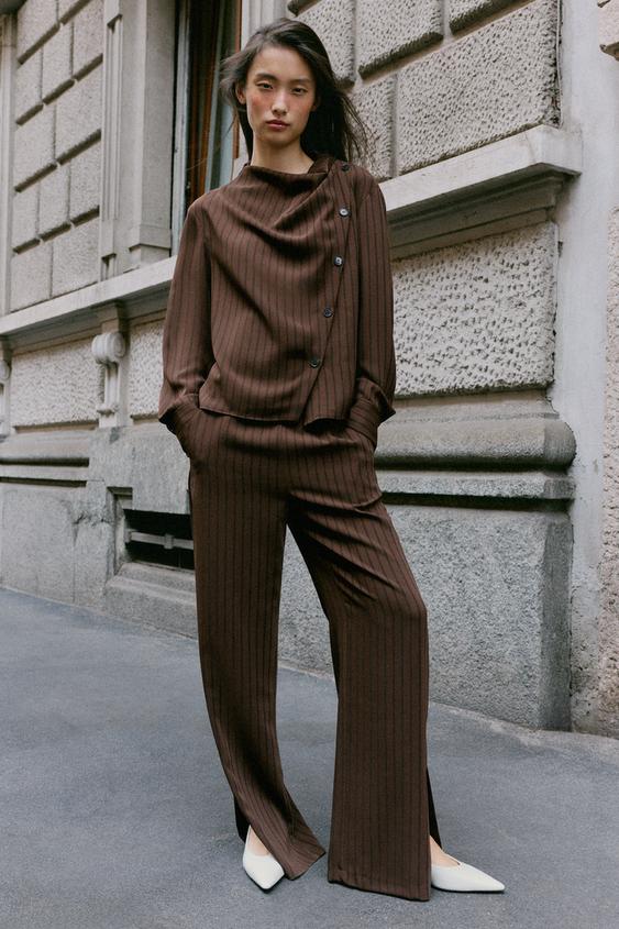 PANTALLONA ME VIJA ME ÇARJE ANËSORE - Brown Stripes nga Zara - Imazh 0