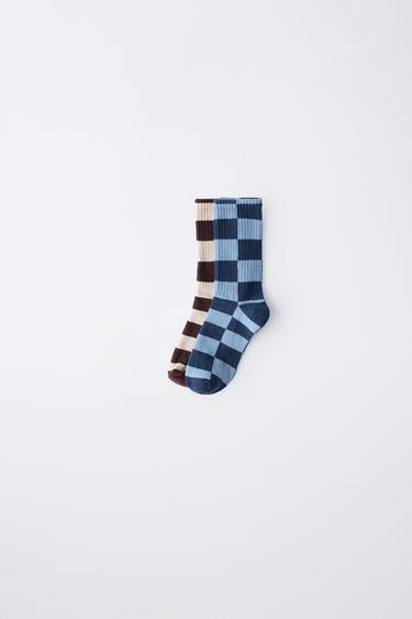 2-PACK OF CHECKERBOARD SOCKS - Brown-Blue by Zara