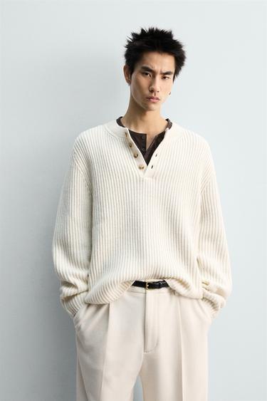 Zara TEXTURED WEAVE HENLEY NECK JUMPER - Ecru