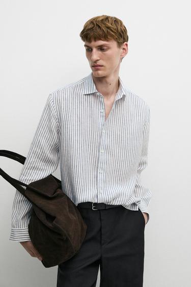 Zara 100% linen striped shirt - Navy blue