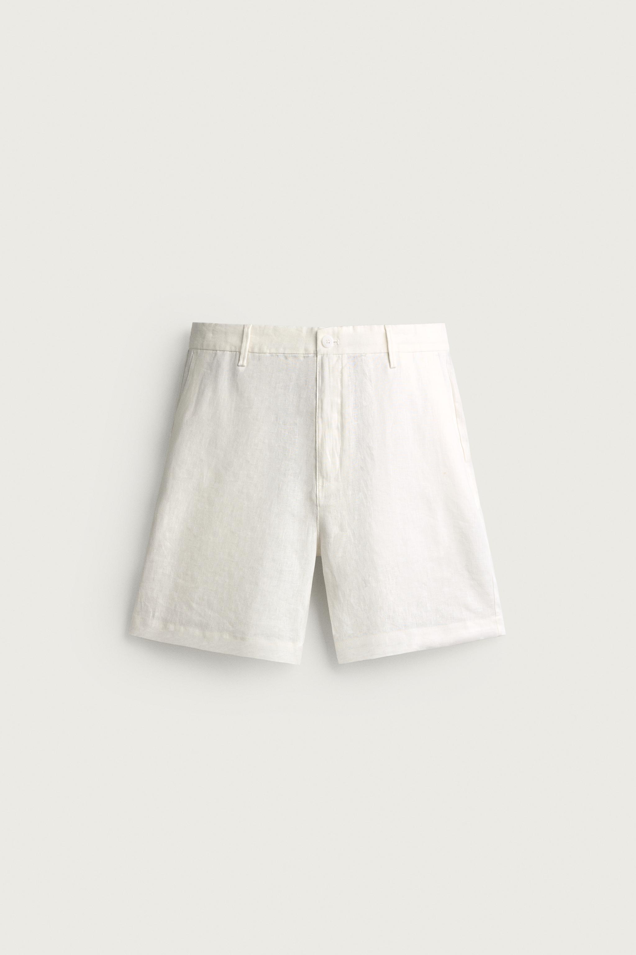 100% LINEN REGULAR FIT SHORTS — White