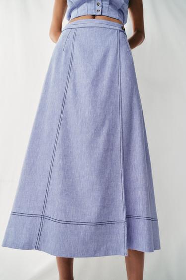 LINEN BLEND WRAP SKIRT WITH TOPSTITCHING - Light blue by Zara
