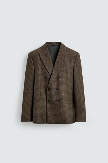 ÁO KHOÁC BLAZER VẠT ĐẮP CHÉO KẺ CA RÔ PHA LEN - Màu nâu từ Zara