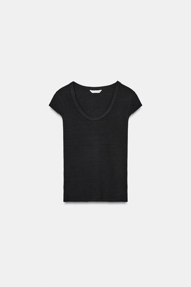 Zara POT NECK T-SHIRT - Charcoal