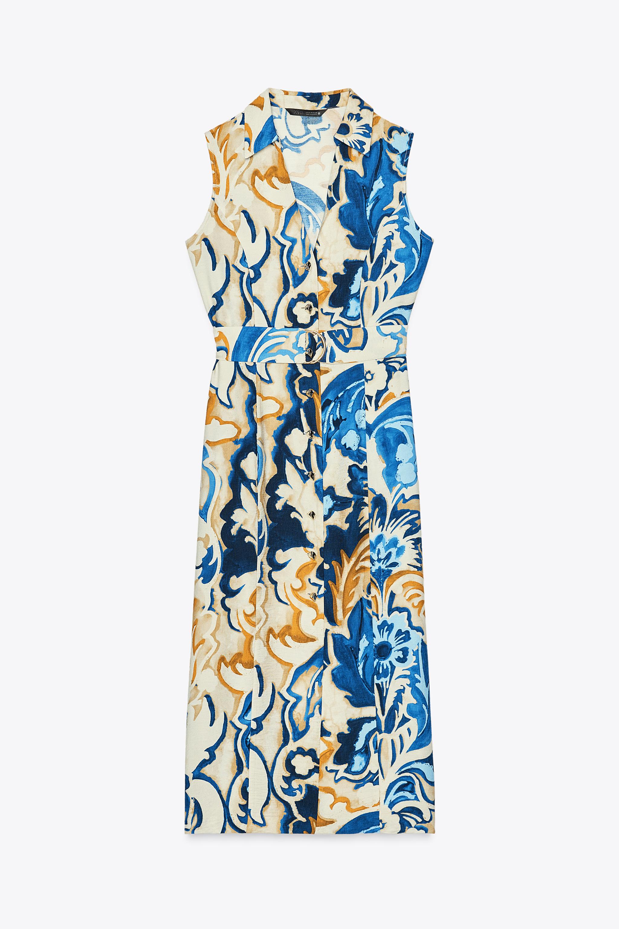 【ZARA】プリント ミディワンピース 2976/241/080 PRINTED MIDI DRESS - Ecru / Blue | ZARA United States