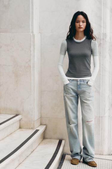 Zara TRF 中腰及踝直筒牛仔褲 - 淡藍色
