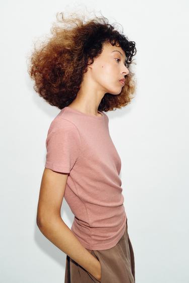 Zara SHORT SLEEVE LINEN T-SHIRT - Chalk pink